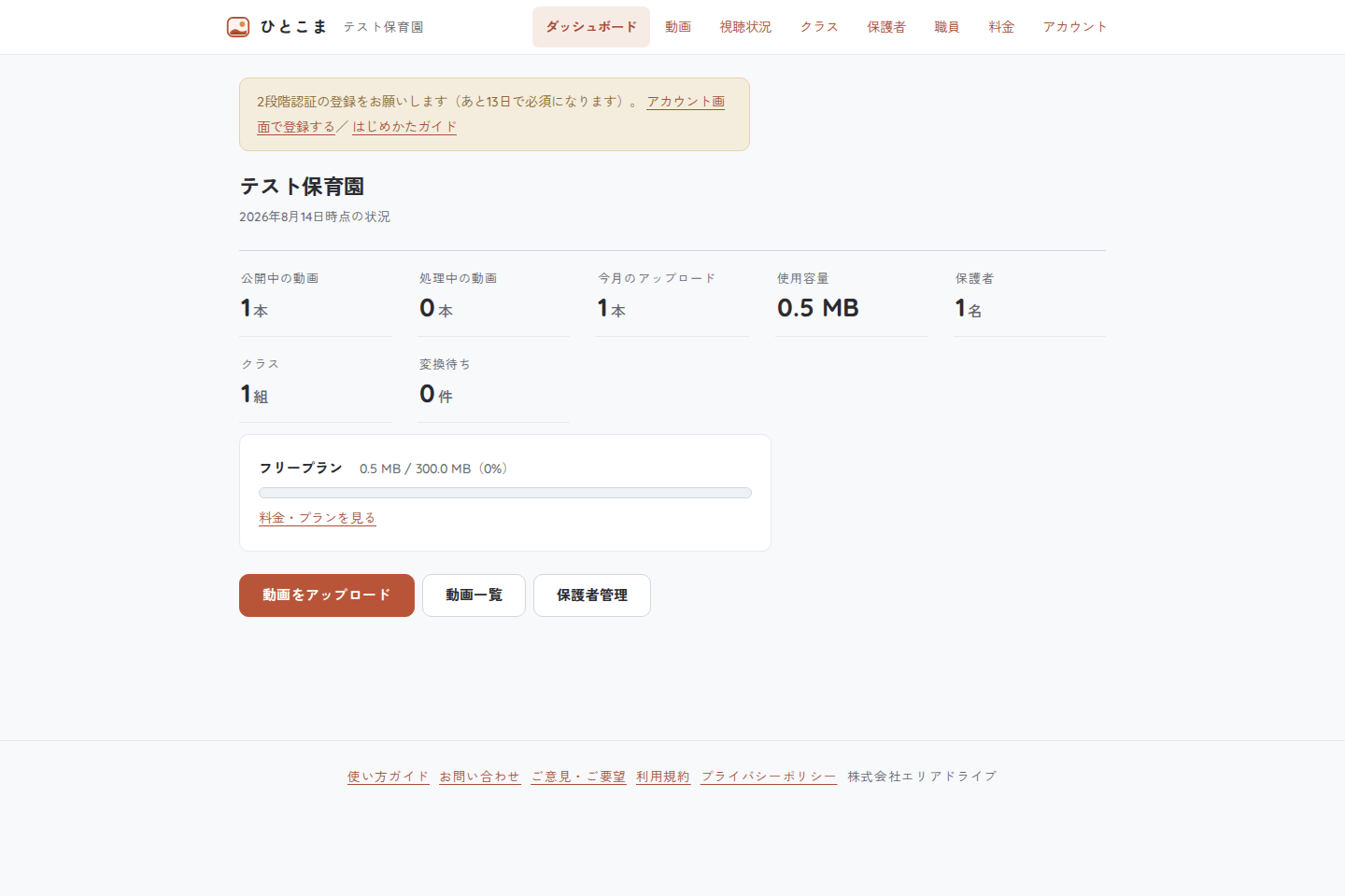 施設管理者のダッシュボード。公開中の動画、処理中の動画、今月のアップロード、使用容量、保護者数、クラス数が一覧表示されている